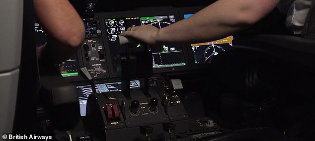 She is pictured above with her hand on the Dreamliner's accelerator.