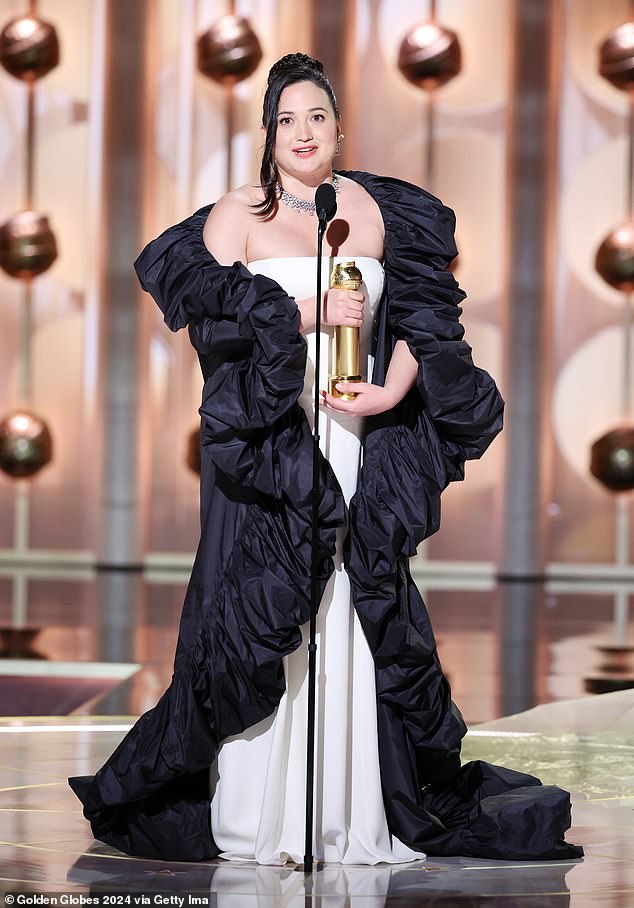 Gladstone (pictured at this year's Golden Globes) is vying for Best Actress at the Oscars on Sunday night