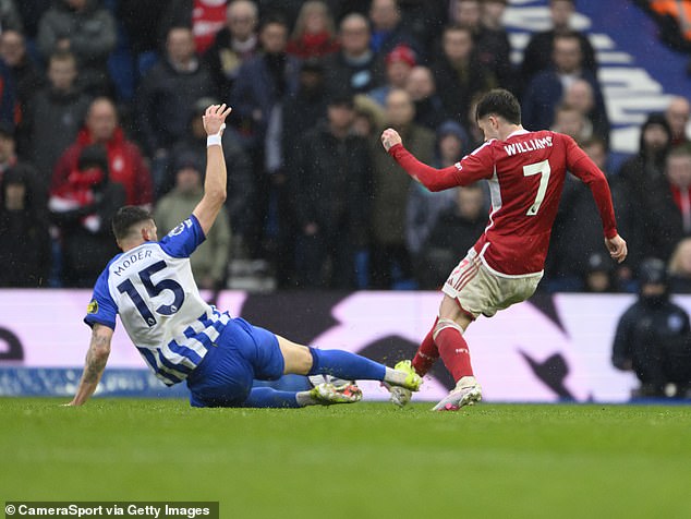 Brighton midfielder Jakub Moder escaped with only a caution for a lunge on Neco Williams.