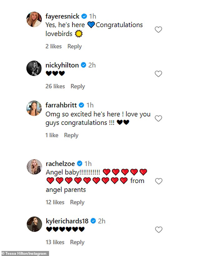The 30-year-old countess received congratulatory comments from Barron's other big sister Nicky Hilton, aunt Kyle Richards, cousin Farrah Brittany Aldjufrie, stylist Rachel Zoe and socialite Faye Resnick