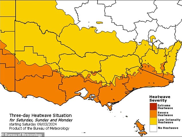 Most of Victoria is sweltering through record high temperatures (pictured, heat wave outlook map)