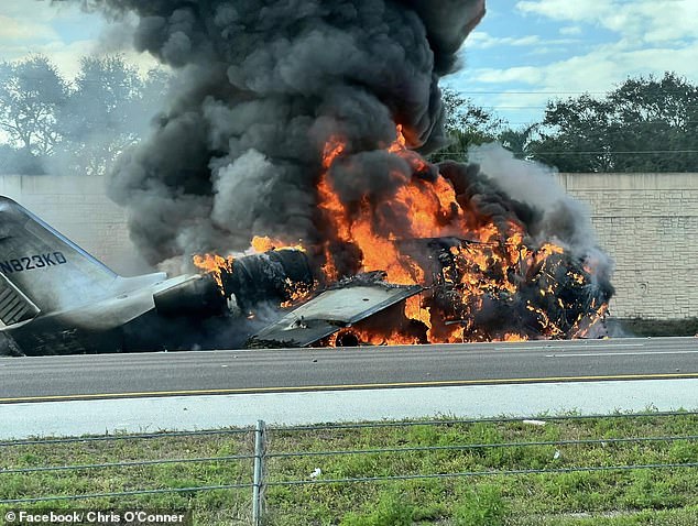 The private plane crashed into cars on a major highway and caused a massive explosion, killing two of the five people on board