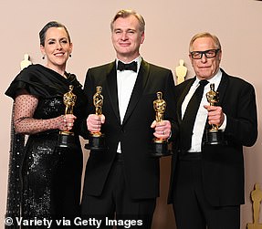 Oppenheimer was the biggest winner of the night with seven including Best Picture;  Emma Thomas, Christopher Nolan and Charles Roven are seen