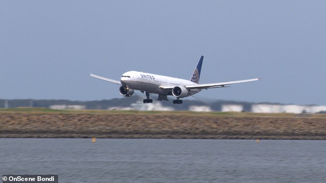 Flight UAL830 (pictured) landed safely in Sydney after suffering a suspected mechanical problem shortly after take-off