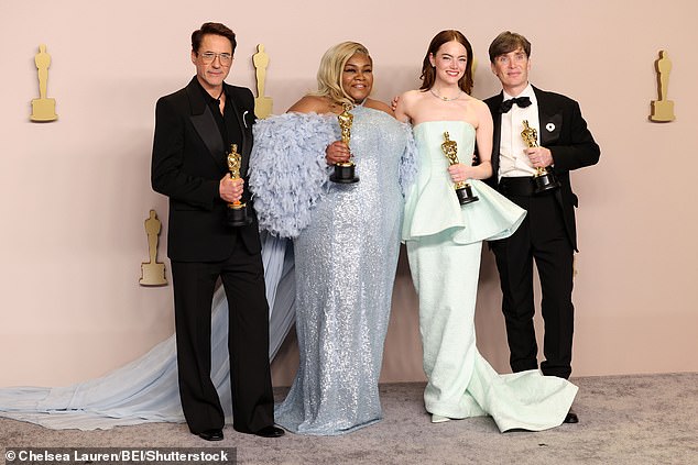 Viewed from left to right: Actor in a supporting role - Robert Downey Jr.  (Oppenheimer), Actress in a Supporting Role - Da'Vine Joy Randolph (The Holdovers), Actress in a Leading Role - Emma Stone (Poor Things) and Actor In a Leading Role - Cillian Murphy (Oppenheimer)