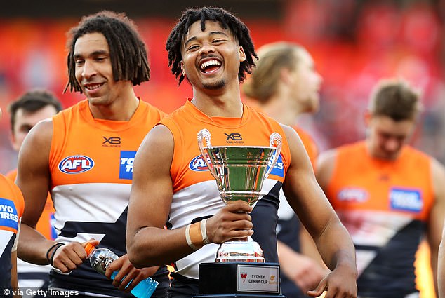 The young defender is starting to get used to winning (pictured with the Sydney Derby Cup after beating the Sydney Swans in 2019)
