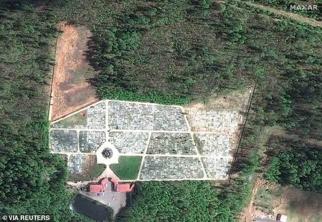 A satellite image shows an overview of the Lazarus cemetery, near Alabino