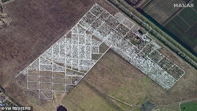 A satellite image shows an overview of Mikhaylovsk cemetery, near Stavropol