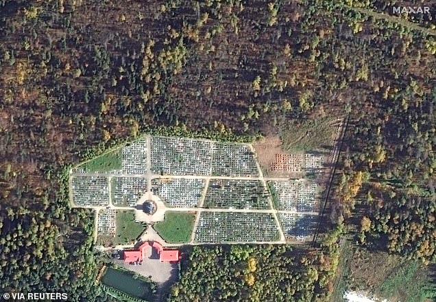 A satellite image shows an overview of the Lazarus cemetery, near Alabino