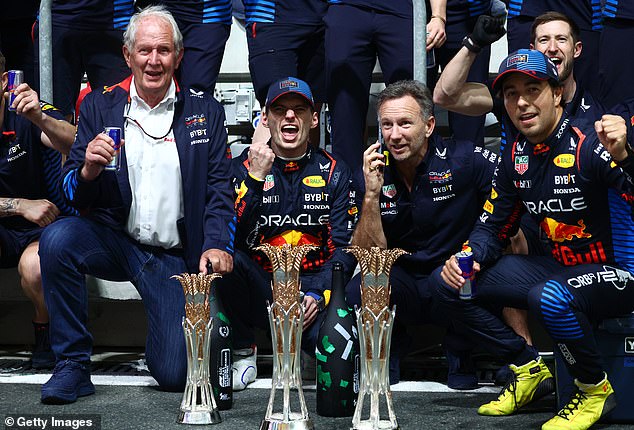 Marko (left) with Verstappen (second left), Horner (second right) and Sergio Perez (right) after Red Bull took another victory in Saudi Arabia on Saturday.
