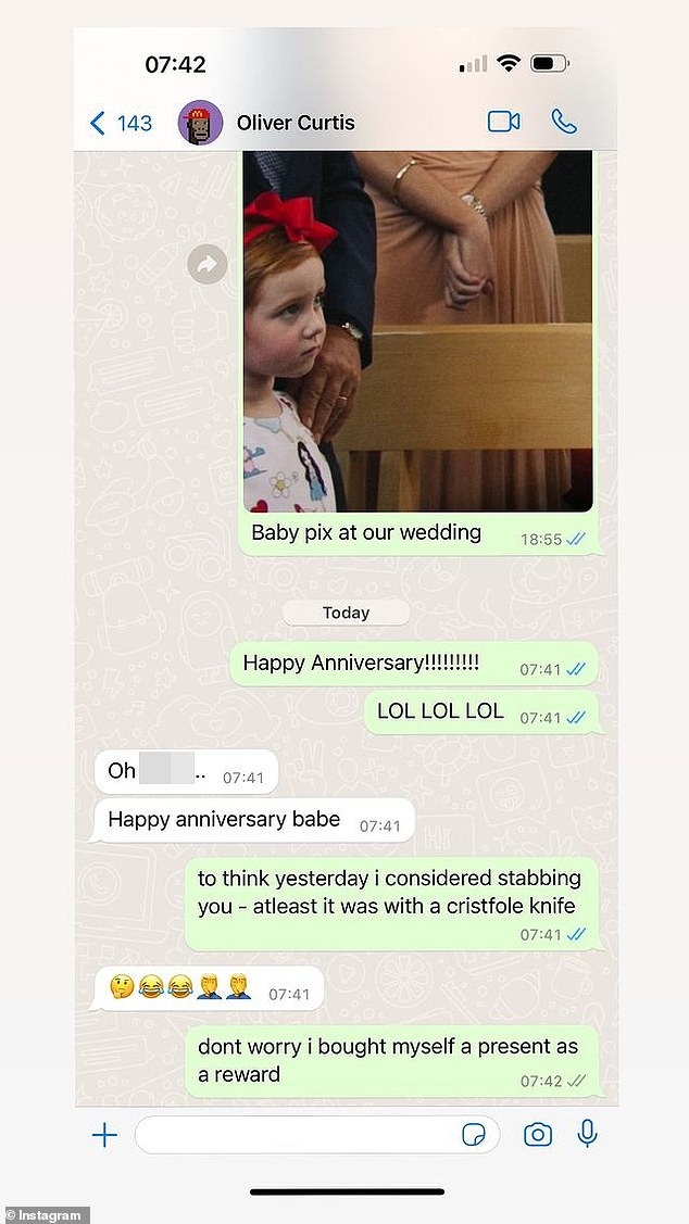 The PR mogul shared a text exchange between the pair to Instagram Stories, where she joked that she had considered 'stabbing' her husband with a blunt dinner knife