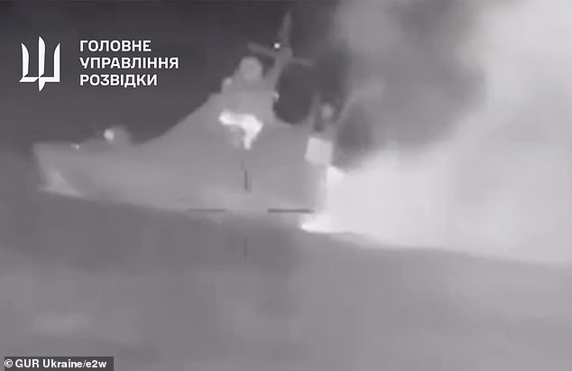 The moment the Russian warship Sergey Kotov was hit by a Ukrainian kamikaze naval drone