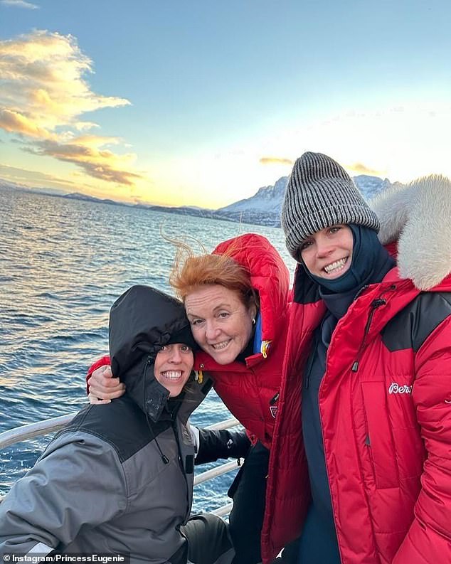 Among the photos shared by the royal mother of two was one of her with her older sister Eugenie and mother Fergie on a boat in cold conditions.