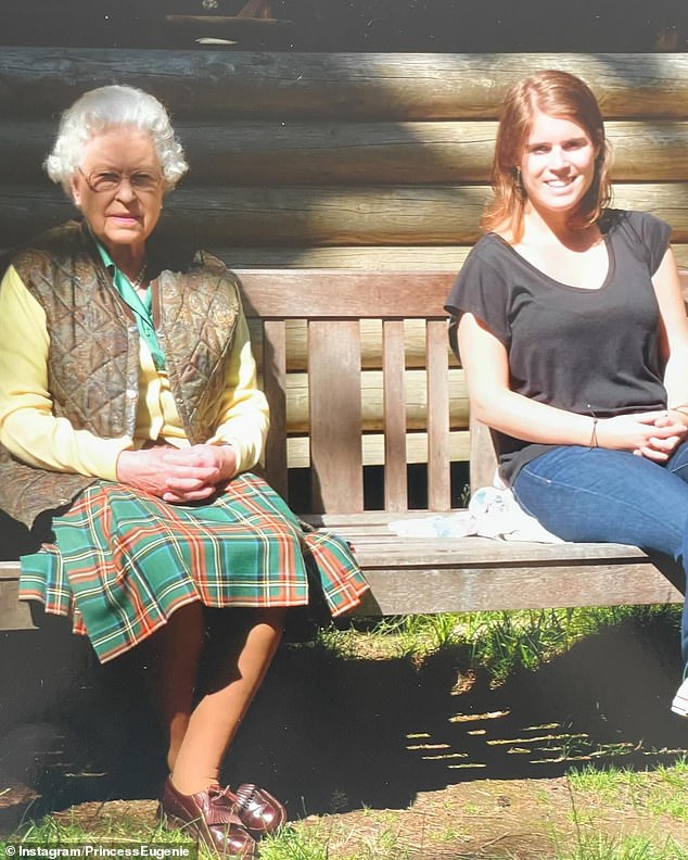 One snapshot shows a radiant Princess Eugenie sitting on a sun-kissed bench next to Queen Elizabeth, who is wearing a traditional kilt.