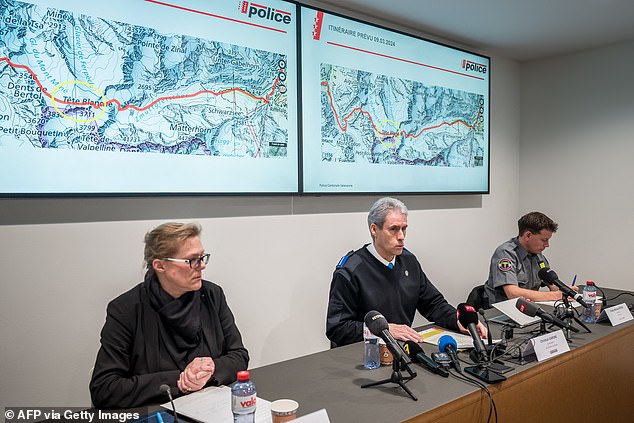 Advocate General of the canton of Valais Beatrice Pilloud, head of the police of the canton of Valais Christian Varone and director of the Cantonal Valais Rescue Organization Fredy-Michel Roten attend a press conference of the police in Sion, Switzerland, March 11, 2024 after five out of six cross-country skiers, who went missing in the Swiss Alps over the weekend have been found dead