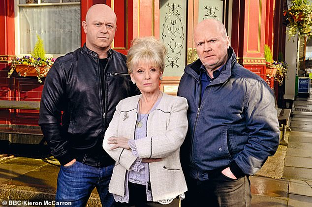Barbara played Peggy Mitchell in EastEnders (pictured with her sons Grant Mitchell (Ross Kemp) and Phil (Steve McFadden) in 2016)