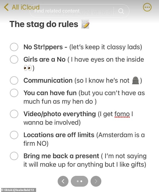 The rules included 'no strippers' and a ban on going to certain places, such as Amsterdam