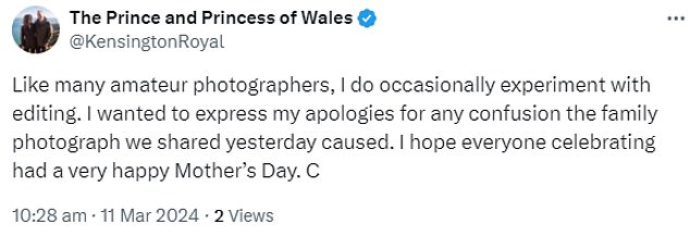 Kate released a statement on X this morning saying she edited the photo herself