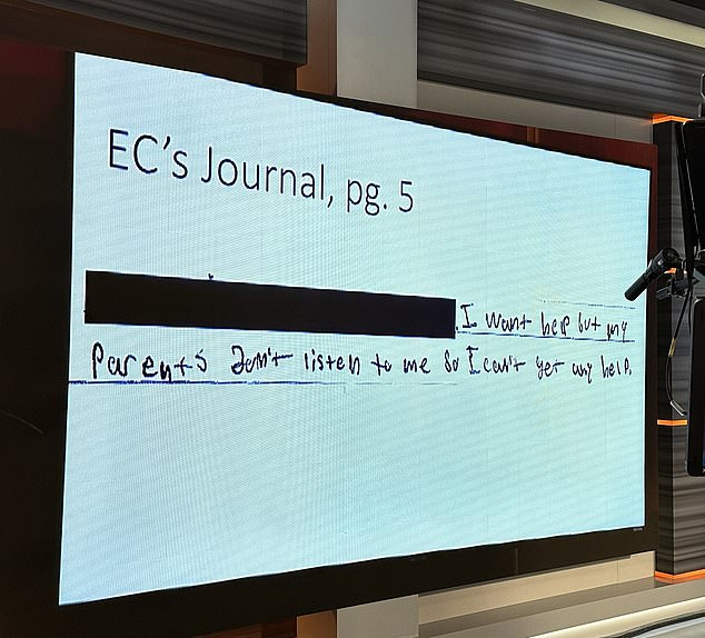 At Jennifer's trial in February, jurors were also shown diary entries from Ethan in which he wrote: 'I want help but my parents don't listen to me so I can't get help'