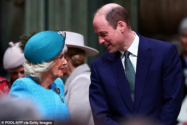 Prince William and Camilla smile together as the Commonwealth Day service begins