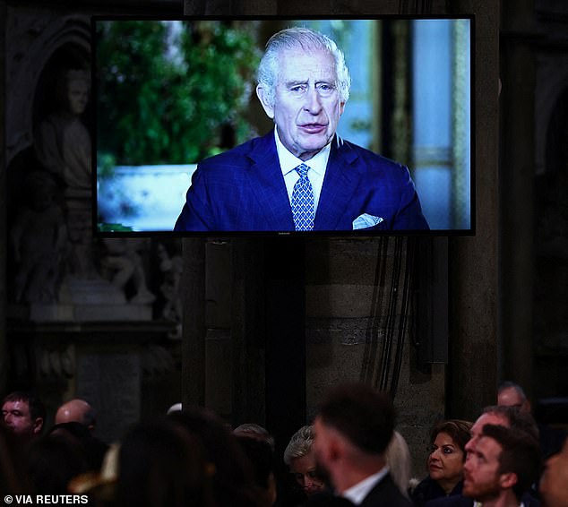 While Charles was unable to attend the service in person, he thanked people for their 'wonderfully kind and thoughtful well wishes' over his cancer diagnosis in a video address to be played at Westminster Abbey