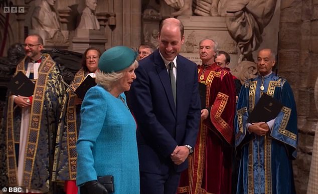 Queen Camilla and Prince William giggle as they lead the royals into Westminster Abbey