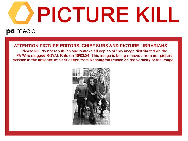 The PA news agency said it had withdrawn the photo of Kate from its image service today