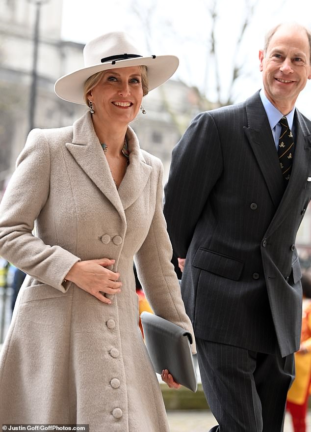 Accompanied by Prince Edward, 60, Sophie was all smiles as she arrived at Westminster Abbey today.
