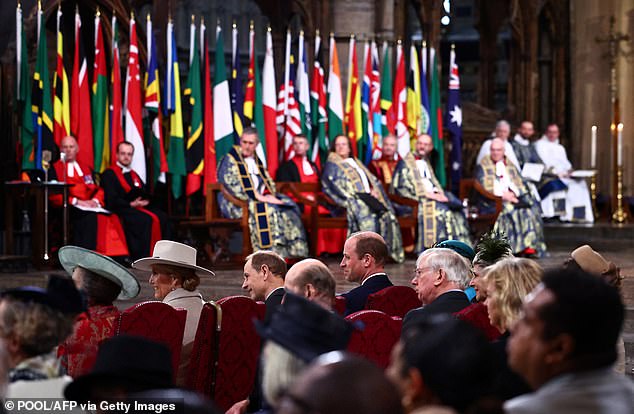 Sophie took her place in the front row alongside Princess Anne (left), Prince Edward (right) and Prince William (far right) at the annual service.