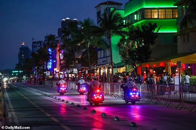 Quiet streets and a strong law enforcement presence can be seen at this year's Spring Break on Ocean Avenue in Miami Beach, Fla., on March 10, 2024