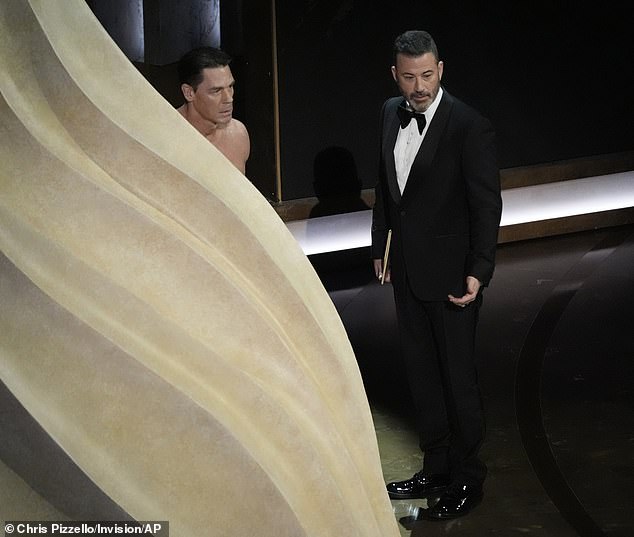 The wrestler-turned-actor was called out by host Jimmy Kimmel, who referenced the 50th birthday of a streaker who ran onto the stage at the ceremony and interrupted the late actor-host David Niven