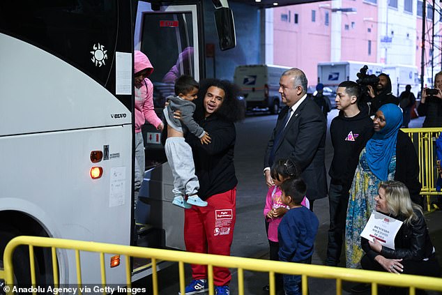 A bus carrying migrants from Texas arrives at the Port Authority bus station in New York, USA on May 3, 2023