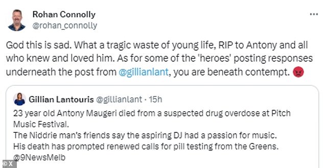 AFL commentator Rohan Connolly has since hit out at cruel trolls who criticized Maugeri's decision to allegedly take drugs at the event (pictured)