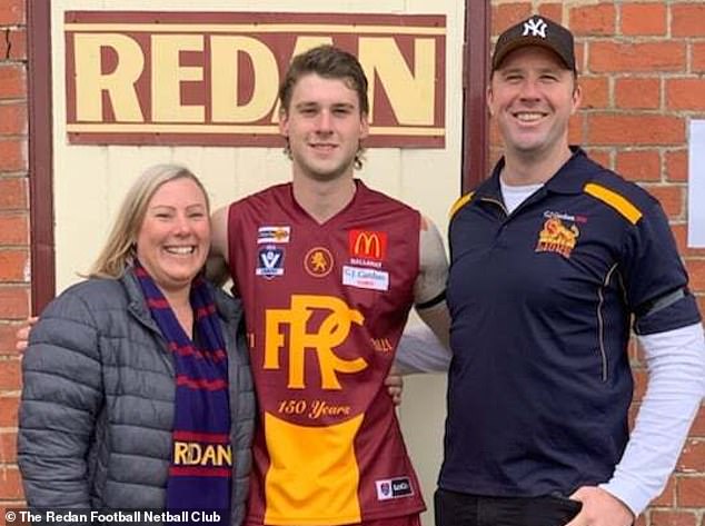 Police charged 22-year-old Patrick Orren Stephenson (pictured, centre, with his mother and father former AFL player Orren Stephenson) with Ms Murphy's murder