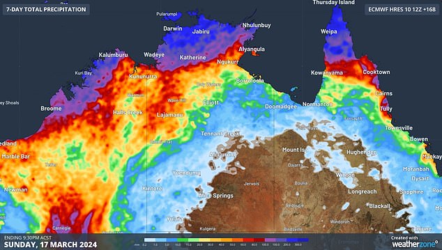 Weatherzone meteorologist Ashleigh Lange warned 'the tropics will wake up over northern Australia this week' with heavy rainfall (pictured)