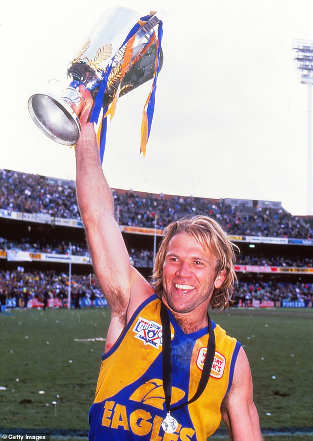 Chris Mainwaring (pictured celebrating the Eagles' first grand final victory in 1992) died from an alleged cocaine seizure in 2007, aged just 41.