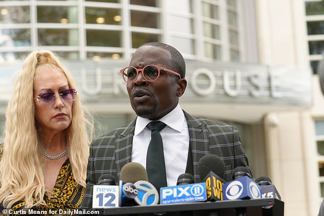 Whitehead (pictured with lawyer Dawn Florio) was accused of defrauding a parishioner's mother out of her life savings and blowing the money on luxury clothes and a BMW down payment