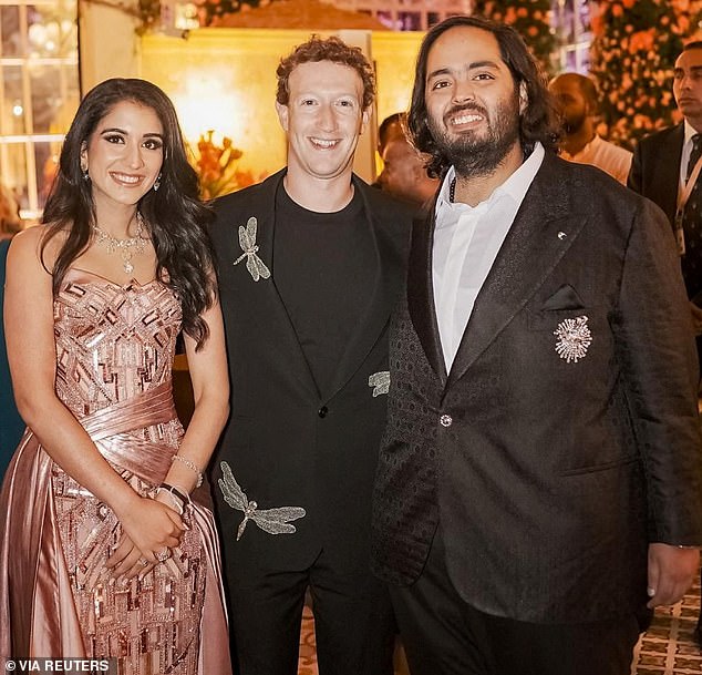 Guests at the couple's pre-wedding bash included high-profile A-listers such as Mark Zuckerberg, above, and Bill Gates