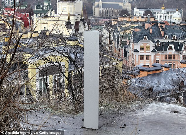 A view of a metal monolith on the Zamkova Hora hill in Kiev, Ukraine. Some media have suggested that the monolith is likely an advertisement for a new Ukrainian postal operator.