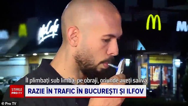 An awkward exchange between the former kickboxer and officers was caught on camera by a Romanian television station