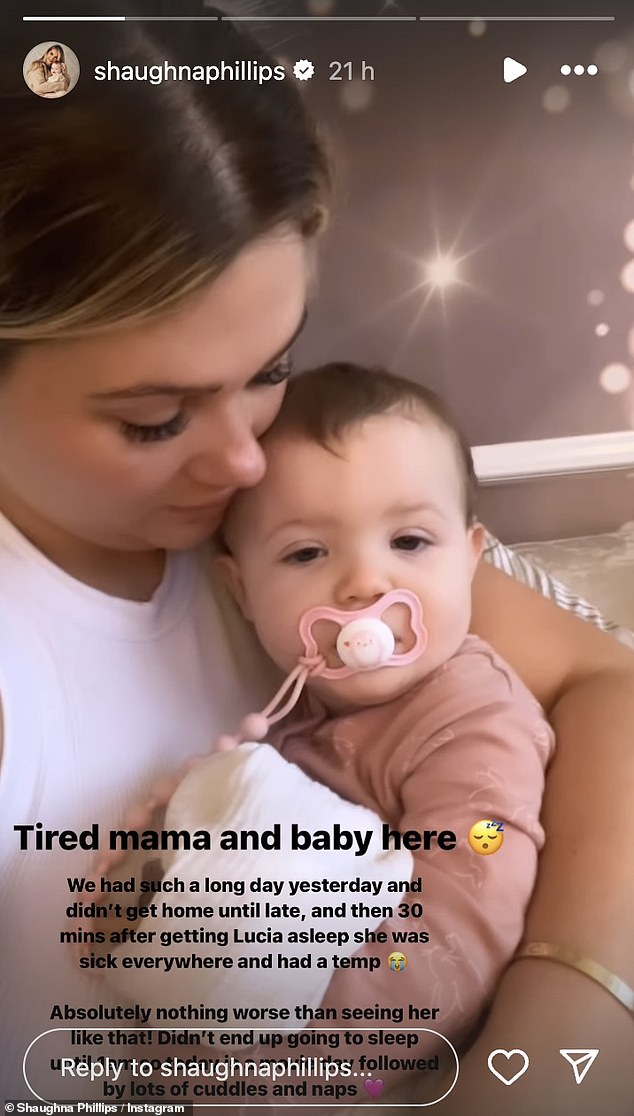 Sharing a photo of her daughter, who is now back home, she wrote: 'Tired mum and baby here.  We had such a long day yesterday and didn't get home until late.  And then 30 minutes after putting Lucia to sleep, she was sick everywhere and had a substitute'
