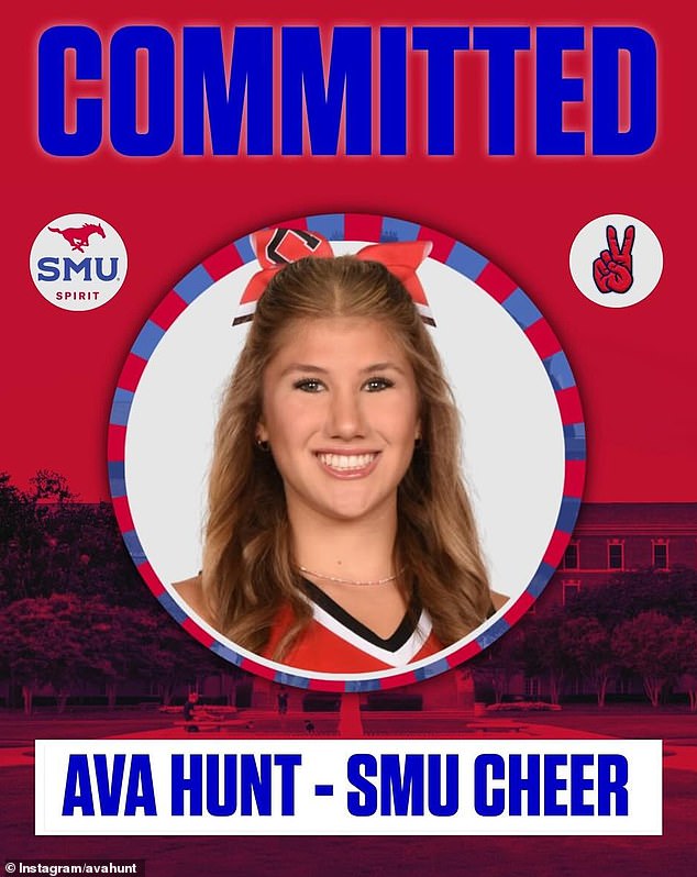 She announced via Instagram on Sunday that she had officially committed to SMU's cheer squad for the fall, something that left her parents extremely 'proud'