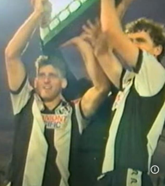 The ex-Socceroo is pictured left, hoisting a trophy during his hugely successful time with Adelaide City in the old National Soccer League
