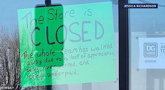 While a sign at the front of the store read 'We stop!' another sign explained that 'the entire team has walked away due to lack of appreciation, overworked and underpaid'