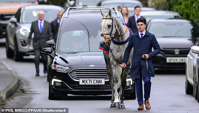 The horse was driven through the village of Ditcheat for the amateur rider's funeral on March 5.