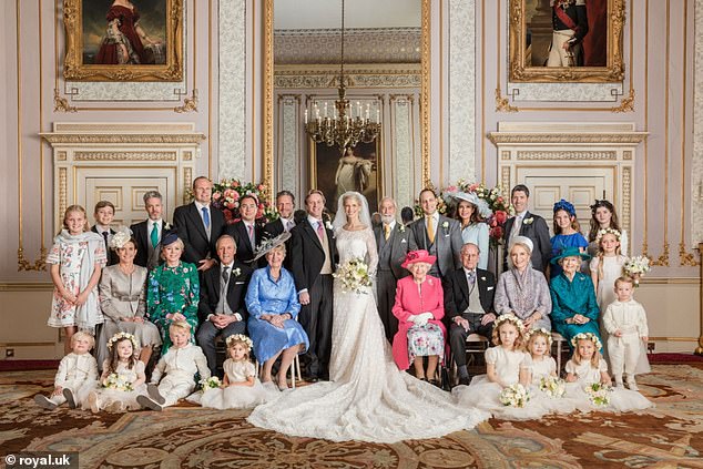 Lady Gabriella and Thomas Kingston had official photos taken on their wedding day - here with the late Queen and Prince Philip sitting to their right