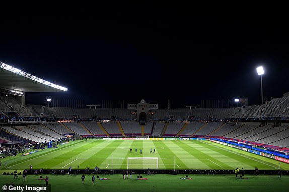 BARCELONA, SPAIN - MARCH 12: A general view inside the stadium before the 2023/24 UEFA Champions League round of 16 second leg match between FC Barcelona and SSC Napoli at the Estadi Olimpic Lluis Companys on 12 March 2024 in Barcelona, ​​Spain. (Photo by Alex Caparrós/Getty Images)