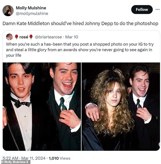 The damage was already done when a Twitter fan shared the fake photo and the original with the hilarious caption: 'Damn Kate Middleton should have hired Johnny Depp to do the photoshop'