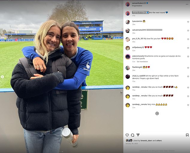 The West Ham star was seen celebrating Kerr's hat-trick in Chelsea's FA Cup win over Liverpool in a post the Aussie posted on Instagram on the day of her alleged slur against the police officer on January 30 last year (pictured)