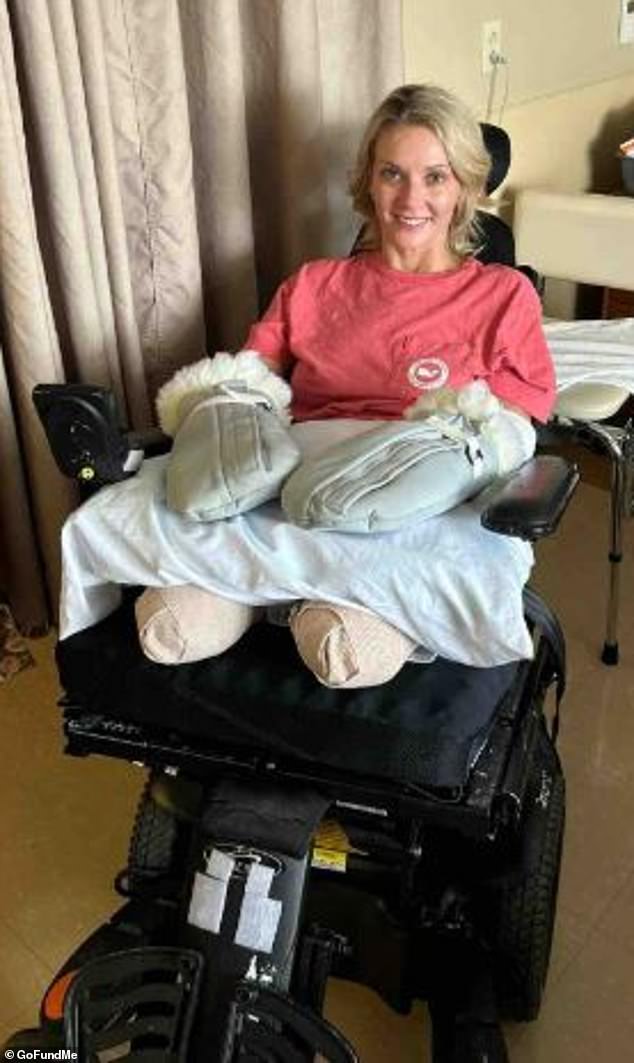 Cindy Mullins, 41, woke up from sedation just before Christmas to find doctors had amputated all four limbs in a desperate bid to save her life after a kidney stone infection led to blood poisoning